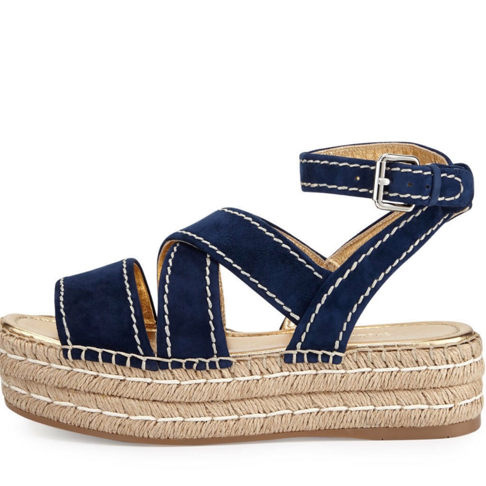 Prada Crisscross Suede Espadrille Sandals Navy